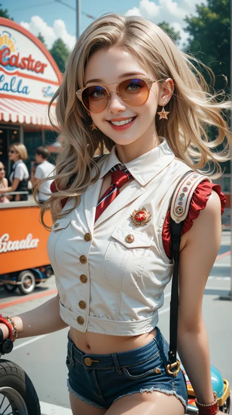  Close-up portrait of a beautiful young lady ， showing a cool atmosphere ，Smile brightly。 She has long and wavy golden hair， light olive skin ， wearing sunglasses ， wearing a white vest and denim shorts ， Skating a straight wheel down the streets of Los An...