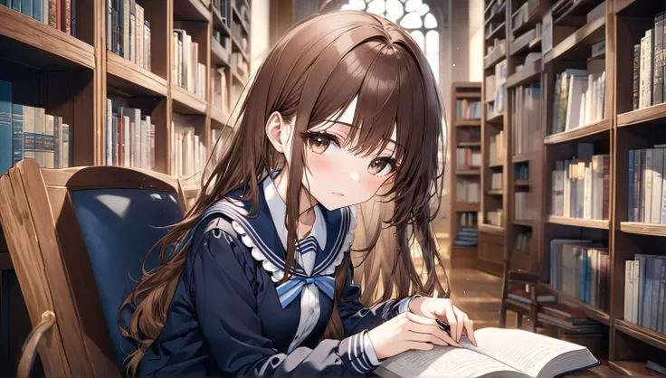 A 18-year-old girl with long brown hair 、Reading a book in the library。
background：A quiet corner of the library.
expression：Calm and intelligent expression.
Costume：high school uniform.
Pause：Sitting on a chair、Turning the pages.
scene：Concentrate on her ...