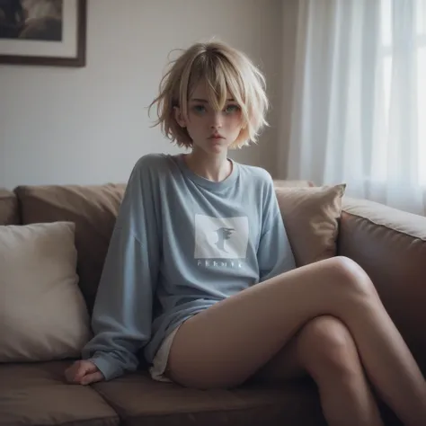 Rem 、Re: Starting Life in Another World from Zero、 Long sleeve T-shirt . Blonde messy hair.  photorealistic. in a sofa