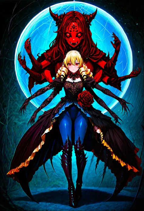 Spider girl. Lady. Twin drill hair. Blonde hair. Red eyes. Horror eyes. Black and Gold dress. Frills. Dark fantasy. Multiple arms. Sharp claws. armor chest. Insect legs. Lace gloves. Metallic Blue globe. Metallic Blue tights. Spider eyes on forehead. Scorn...