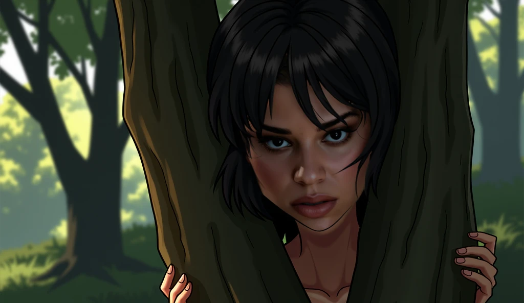 Lucia character from GTA , hidden behind a tree, afraid,  from the front,  focus on the face