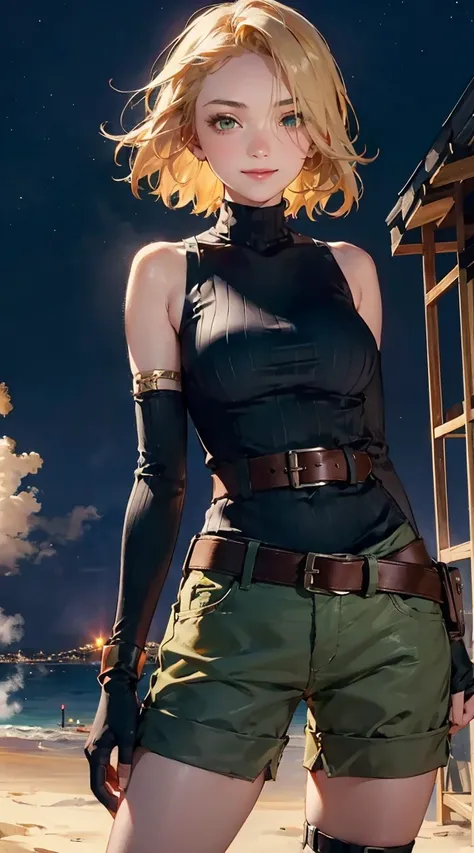 ((best quality, masterpiece, detailed)) ,
((1girl)),perfect face,perfect detail,
looking at viewer,
smile,happy,
steam,
night,sand storm,
,((detailed eyes)),RKKFFXDF, blonde hair, green eyes, googles around neck,  orange sleeveless turtleneck, arm strap, a...