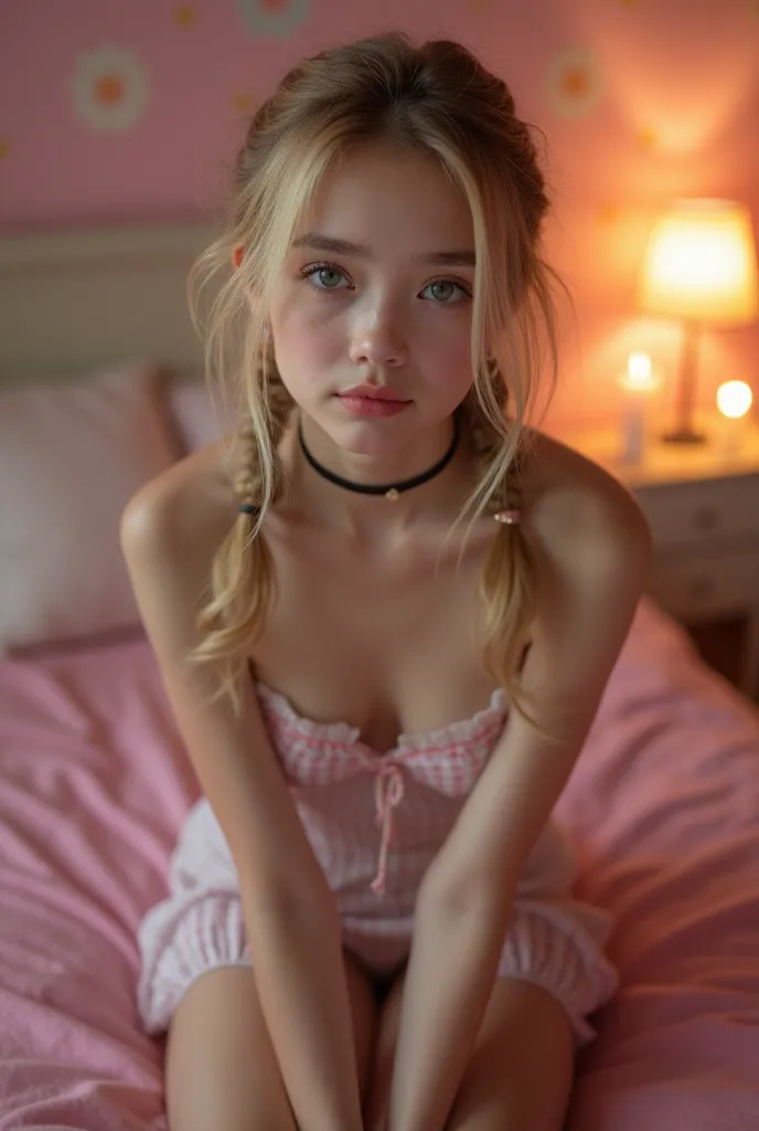 1 girl, sexy 18 year old girl, naked girl, pigtails, beautiful face, gorgeous, beautiful, beautiful, beautiful face, pale skin, parts, blonde hair, Blue eyes, full and shiny lips, big lips, thick lips, half-open lips , light pink lip gloss , mask, skinny t...