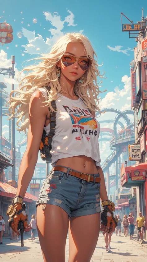  Close-up portrait of a beautiful young lady ， showing a cool atmosphere ，Smile brightly。 She has long and wavy golden hair， light olive skin ， wearing sunglasses ， wearing a white vest and denim shorts ， Skating a straight wheel down the streets of Los An...