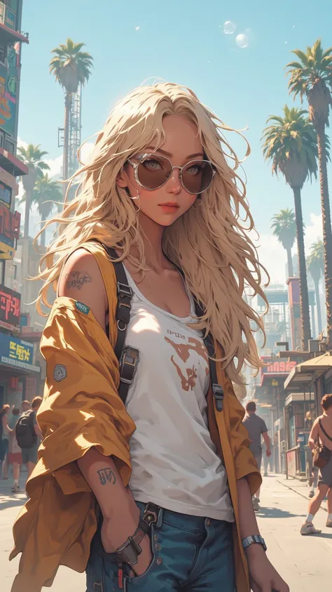  Close-up portrait of a beautiful young lady ， showing a cool atmosphere ，Smile brightly。 She has long and wavy golden hair， light olive skin ， wearing sunglasses ， wearing a white vest and denim shorts ， Skating a straight wheel down the streets of Los An...