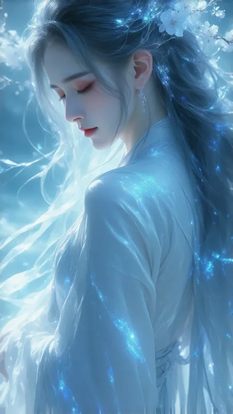 beautiful aura　Kasugawa　Mysterious　cherry blossoms　Light blue　　Night sea　 shining hair ornament　There's a phoenix in the back

Full body　 memorable woman with an oblique profile is beautiful　I'm closing my eyes lovingly　forever　 beautiful white skin　White ...