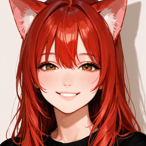 Female, 18 years old, red hair, cat ears , smile sweetly