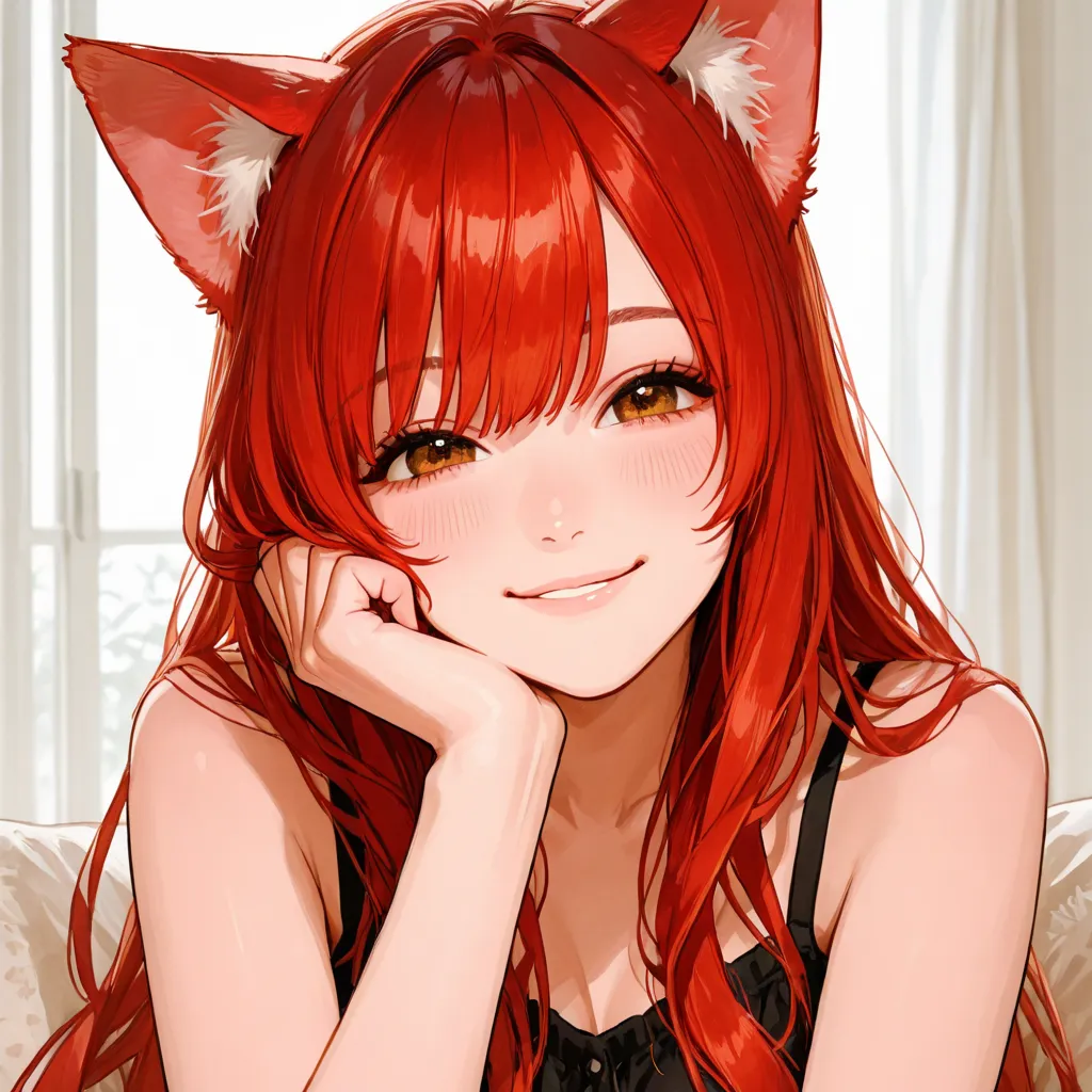 Female, 18 years old, red hair, cat ears , smile sweetly