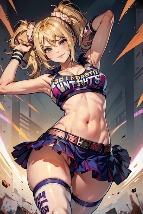 JulietStarling, 1girl,solo,blonde hair;twintails,,cheerleader,crop top,clothes writing,skirt,thighhighs,belt,wristband,midriff,large breasts,cleavage,arm up,smile,masterpiece,Noise Reduction,perfect anatomy,high resolution, ultra-detailed, ultra-detailed f...