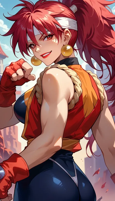 score_9, score_7_up, source_anime, BREAK AEBloodberry, red eyes, high ponytail, long hair, red lips, earrings, headband, bodysuit, sleeveless, fingerless gloves, red gloves, spandex, cowboy shot, from behind, ass, grin, (hand up:1.3), biceps, double biceps...