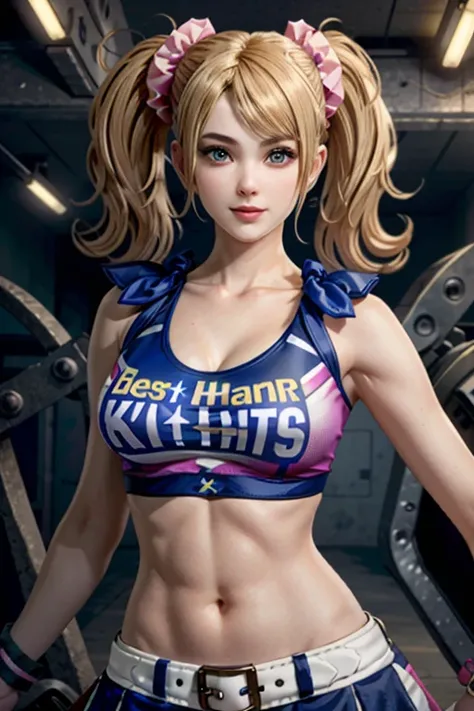 (masterpiece, best quality) JulietStarling, 1girl, solo, long hair, looking at viewer, smile, skirt, large breasts, navel, cleavage, twintails, medium breasts, midriff, belt, lips, crop top, scrunchie, wristband, clothes writing, realistic, cheerleader, na...