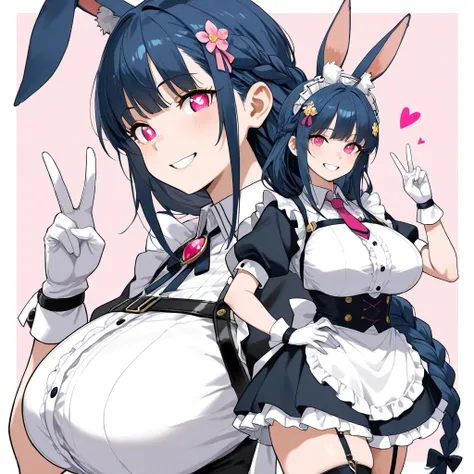 masterpiece,best quality,amazing quality, 1girl, big boobss, large breasts:1.5, very long hair:1.3, (black blue hair), animal ears, animal ear fluff, bracelet, ((braid)), one braid, fringe, heart, jewelry, rabbit ears, rabbit girl, thick thighs, apron, flo...