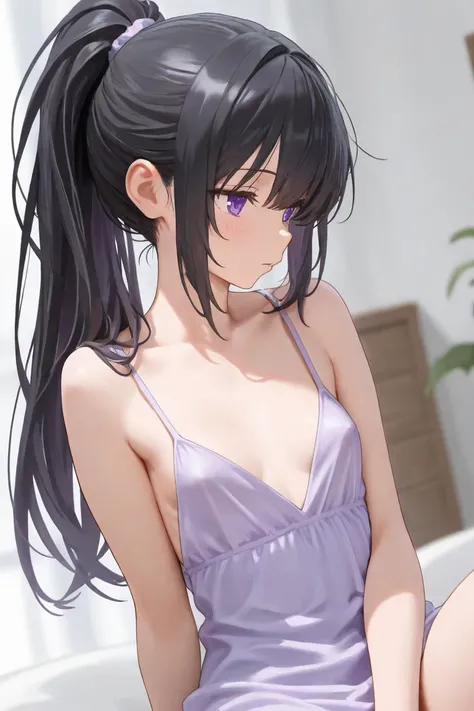 ( masterpiece,  top quality,  Very Detailed) (black hair long ponytail purple eyes )  girl small breast shoulder dress