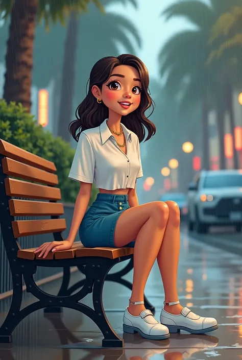 Tip: A very lovely  beautiful Asian American woman being happy alone on a bench in Downtown San Diego in the rain.. The illustration is a high definition illustration with 4k resolution., with highly detailed facial features and cartoon style visuals, whit...