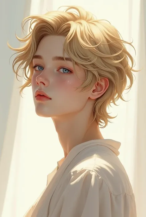 A beautiful boy with blond hair, blue eyes, snow-white skin, wearing a simple but beautiful gender man.