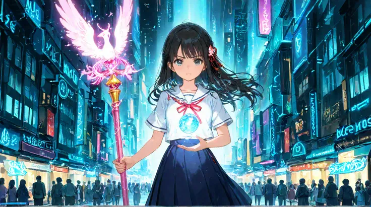 A modern middle school girl in a traditional Japanese uniform with a navy-blue skirt, a white sailor-style blouse, and a red ribbon. She has short, neatly styled black hair and a determined expression on her face. She holds a magical staff, a slender silve...