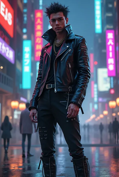 Male rock star in stylish cyberpunk outfit