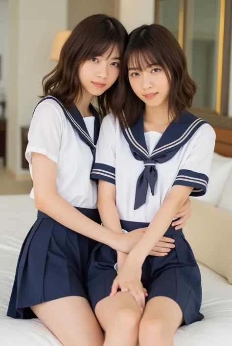 (Masterpiece, Best quality: 1.4), (Ultra realistic, Photo-realistic: 1.3), (nsfw),(2 girls, yuri, touch pussy), ((Wearing Sailor suit, White short sleeve: 1.3)), (Dark navy skirt: 1.2), (Wearing white sock), (small breasts), (Short wavy hair:1.1), Natural ...