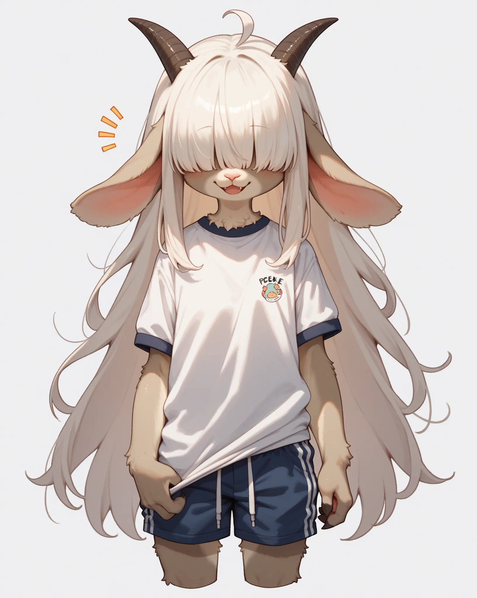 school girl , furry female goat , petit , geek , Introvert , long hair , bangs , hair over eyes , baggy sloppy school gym uniform , bold action , (gym shorts pull:0.7)