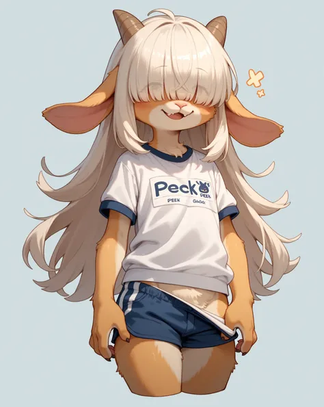 school girl , furry female goat , petit , geek , Introvert , long hair , bangs , hair over eyes , baggy sloppy school gym uniform , bold action , (gym shorts pull:0.7)