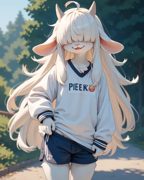 school girl , furry female goat , petit , geek , Introvert , long hair , bangs , hair over eyes , baggy sloppy school gym uniform , bold action , (gym shorts pull:0.7)