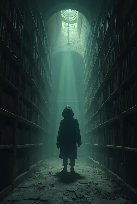 A cover of an old library novel that is dark and an unclear character inside the library looks puzzled and goes to the worn office