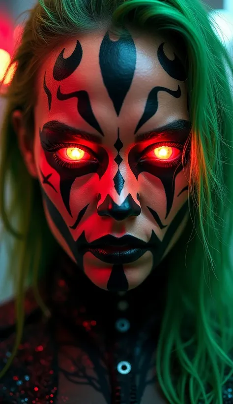 Woman with Makeup Her face is painted with a red and black , Reminiscent of Darth Maul's iconic makeup from Star Wars glowing neon red eyes,  radiating an intense energy . Dramatic lighting and metallic reflection on the skin create a futuristic effect
Cab...