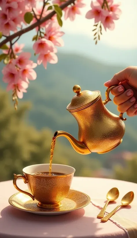 * 
 Create a scene with a golden and detailed coffee pot ,  pouring coffee into a cup with saucers in the same style .  The scene takes place at a table with a beautiful landscape in the background .  Include a hanging flower branch ,  with flowers falling...