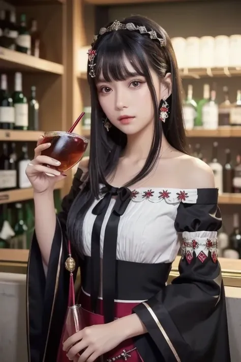 best quality , ( photorealistic:1.2), 1 GIRL, Alone, detailed face , focus on face , is standing, black hair,( hair ornament having alcohol together :1.35),OL, ribbon-trimmed sleeves, detach sleeve , Ribbon trim, wide sleeve, ( stare at viewers:1.5) long h...