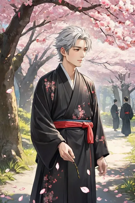 1 cherry tree illuminated by spring sunlight、 Beautiful Man Touches Cherry Blossom Tree、 silver hair、 black kimono、 petals、 in the woods、 Fantastic、 high quality、 Details