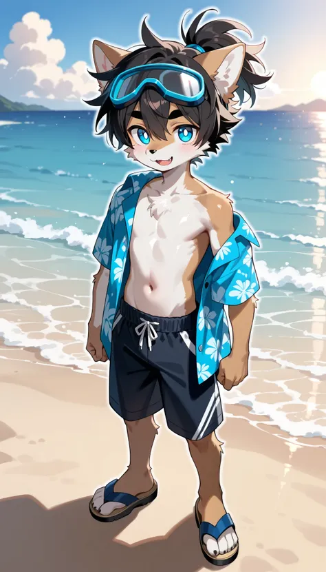 score_9,score_8_up,score_7_up, source_cartoon, source_furry, Furry shota, wolf, black hair, messy spiky hair, long messy spiky ponytail, blue eyes, detailed body fur, ((goggles, blue hawaiian shirt, open clothes, short sleeves, bare shoulders, black swim t...