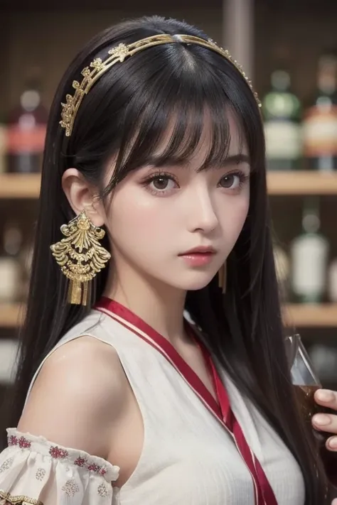 best quality , ( photorealistic:1.2), 1 GIRL, Alone, detailed face , focus on face , is standing, black hair,( hair ornament having alcohol together :1.35),OL, ribbon-trimmed sleeves, detach sleeve , Ribbon trim, wide sleeve, ( stare at viewers:1.5) long h...