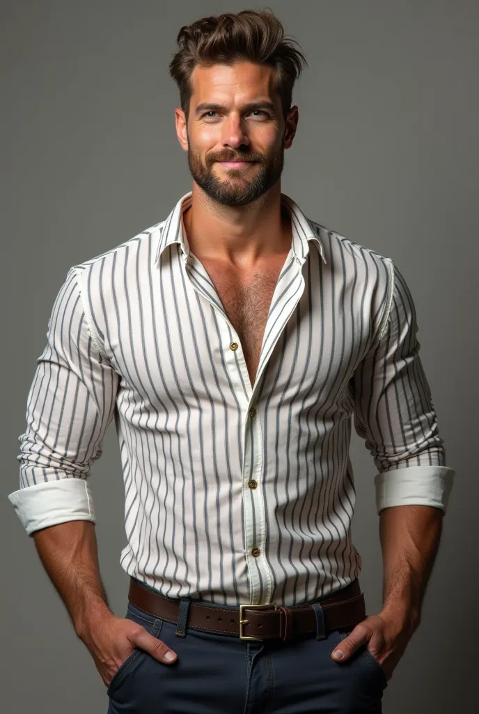 realistic, Handsome, English man, smiling , strong and muscular legs, casual dress, Oxford Shirt, striped, Elegant and fashionable, perfect face, Perfect eyes, with beard, sexy, realist,