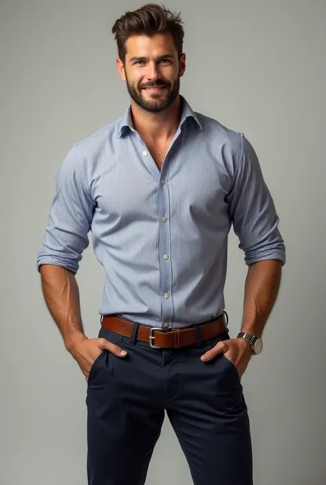 realistic, Handsome, English man, smiling , strong and muscular legs, casual dress, Oxford Shirt, striped, Elegant and fashionable, perfect face, Perfect eyes, with beard, sexy, realist,