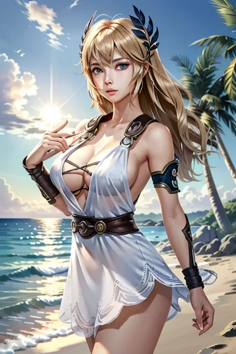 (masterpiece, best quality:1.3)
SoulCaliburSophitia,  1girl, solo, long hair, bangs, at the beach, sexy minidress, palm trees, sundown