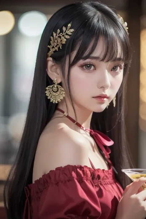 best quality , ( photorealistic:1.2), 1 GIRL, Alone, detailed face , focus on face , is standing, black hair,( hair ornament having alcohol together :1.35),OL, ribbon-trimmed sleeves, detach sleeve , Ribbon trim, wide sleeve, ( stare at viewers:1.5) long h...