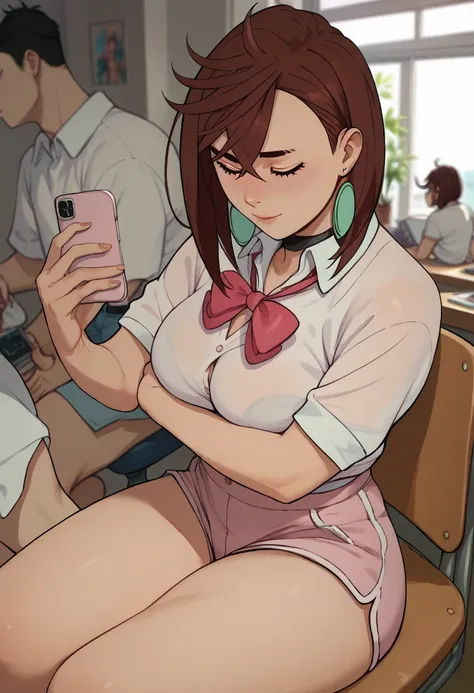 Ayase momo short brown hair medium large breasts healed abdomen thick thighs big pink shorts and the man's healed short white blouse sitting on the sexy chair with cell phone taking a picture inside the bedroom