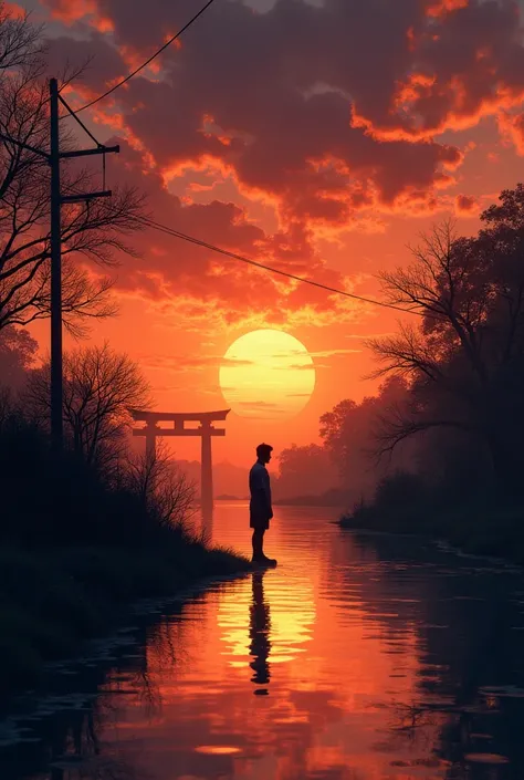 Create an image using this description:


A dramatic sunset fills the sky with deep oranges and purples. In the foreground, a lone silhouette—reminiscent of Dazai—stands by a gently flowing canal. Subtle Japanese elements, like a torii gate or pagoda, peek...