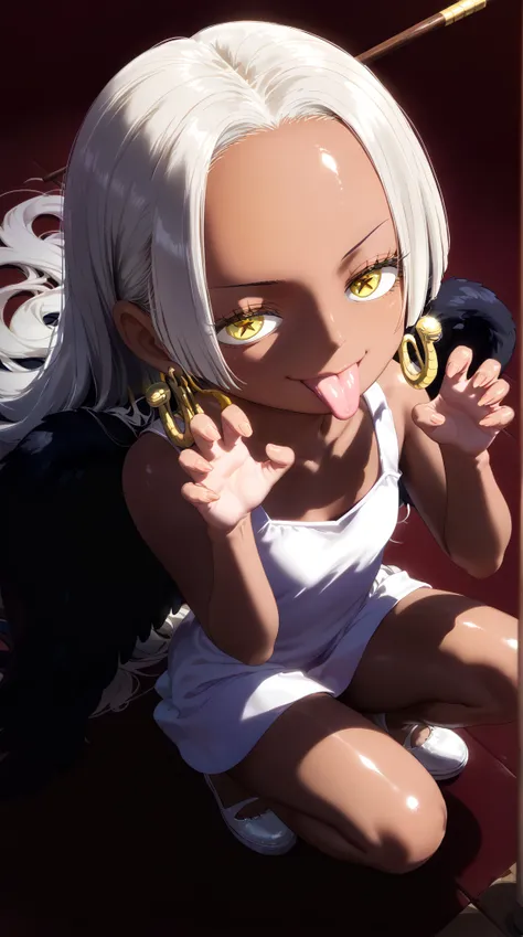 (UHD, retina, masterpiece, accurate, anatomically correct, super detail, high details,  highres, 1080P, 16k:1.3)、(s-snake:1.3)、(Long Hair, white hair, Brown Skin、, earrings for a woman alone, Yellow Eyes, symbol-shaped pupils, black wings:1.3)、 (flat chest...