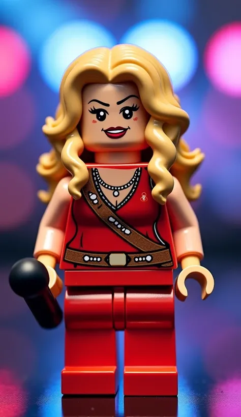  aspect ratio Create a LEGO minifigure of Shakira ,  inspired by her iconic look .  The minifigure must have a 9 : 16 into a vertical shape .

Hair: far away, wavy and blonde ,  shaped in the classic LEGO ,  fair skin,  head and arms in light beige color ....