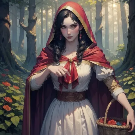 :  Little Red Riding Hood , girl,  forest, Lobo, red cape, path, basket , flores, sunlight, Mysterious, Fairytale,   oil painting , vivid colors,  Soft lighting 