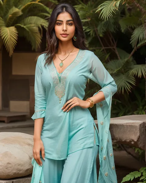 Shot on DSLR Prime Lens, background blur, Beautiful girl, breast size 36, Generate a high-resolution, realistic image of a beautiful Indian female, dressed in an elegant yet comfortable Sea Green kurti pajama ensemble. Colorful shawl around her back, The k...