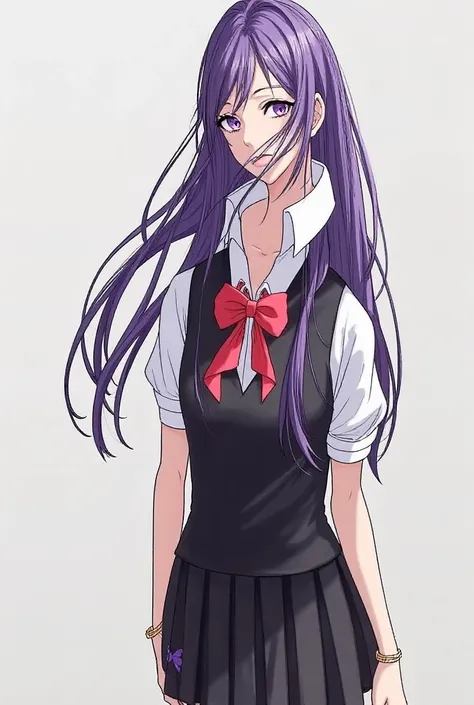  anime girl ,  purple eyes, Purple hair with long side curls, black skirt uniform,  White short sleeves ,  black vest pants, gravata borboleta vermelha, throat branca, short purple socks.