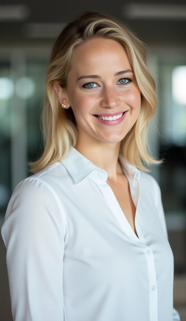 Close up portrait, ohwx, tight professional dress, white shirt, high neck, in the office, medium body shot, smiling, blonde hair