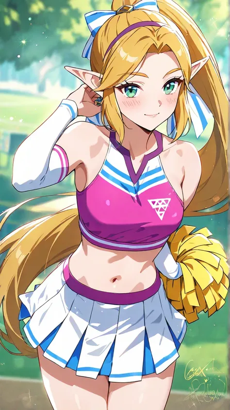 Zelda, sexy, dressed as a sexy anime high school cheerleader with long hair