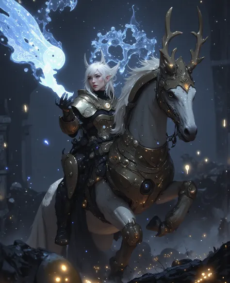 A silver-haired elf queen stands astride a primal spirit dragon, captured in a dramatic cowboy shot angle that emphasizes her poised stance and flowing armor. The dragon's antlered head unleashes a spiraling beam of celestial light, the energy stream fract...