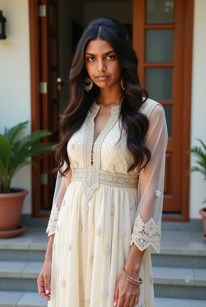 Outside home (full body shot), (inspired by Amy Jackson), A beautiful Indian women wearing a net kurta, (knee length kurta, laces kurta, net sleeve, skinny salwar), perky breasts, deep neck, Indian outfits, beautiful suit, gorgeous looking, ultra detailed ...