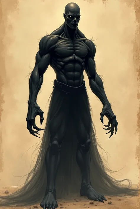 make an image of a sketch drawing in the brown paper of A Voidwalker is a towering, muscular humanoid with an entirely black, shadow-like body that absorbs light. It has elongated limbs, sharp claw-like fingers, and a smooth, featureless face.