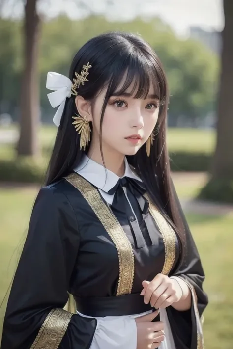 best quality , ( photorealistic:1.2), 1 GIRL, Alone, detailed face , focus on face , is standing, black hair,( hair ornament :1.35),OL, ribbon-trimmed sleeves, detach sleeve , Ribbon trim, wide sleeve, ( stare at viewers:1.5) long hair, dark eyes, bangs, l...