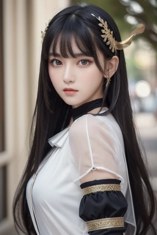 best quality , ( photorealistic:1.2), 1 GIRL, Alone, detailed face , focus on face , is standing, black hair,( hair ornament :1.35),OL, ribbon-trimmed sleeves, detach sleeve , Ribbon trim, wide sleeve, ( stare at viewers:1.5) long hair, dark eyes, bangs, l...